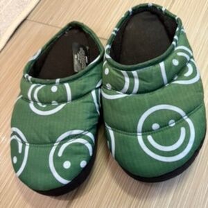 Green Baggu House Slippers with Blue Smiley Faces
